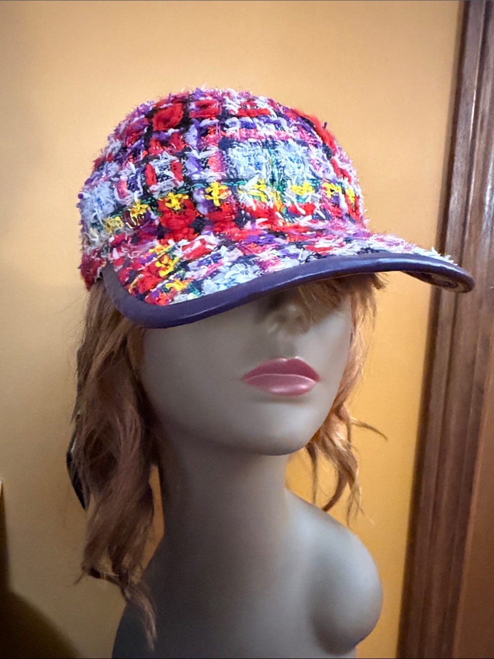 Authentic Gucci Red Multi & Violet Tweed Baseball Cap
